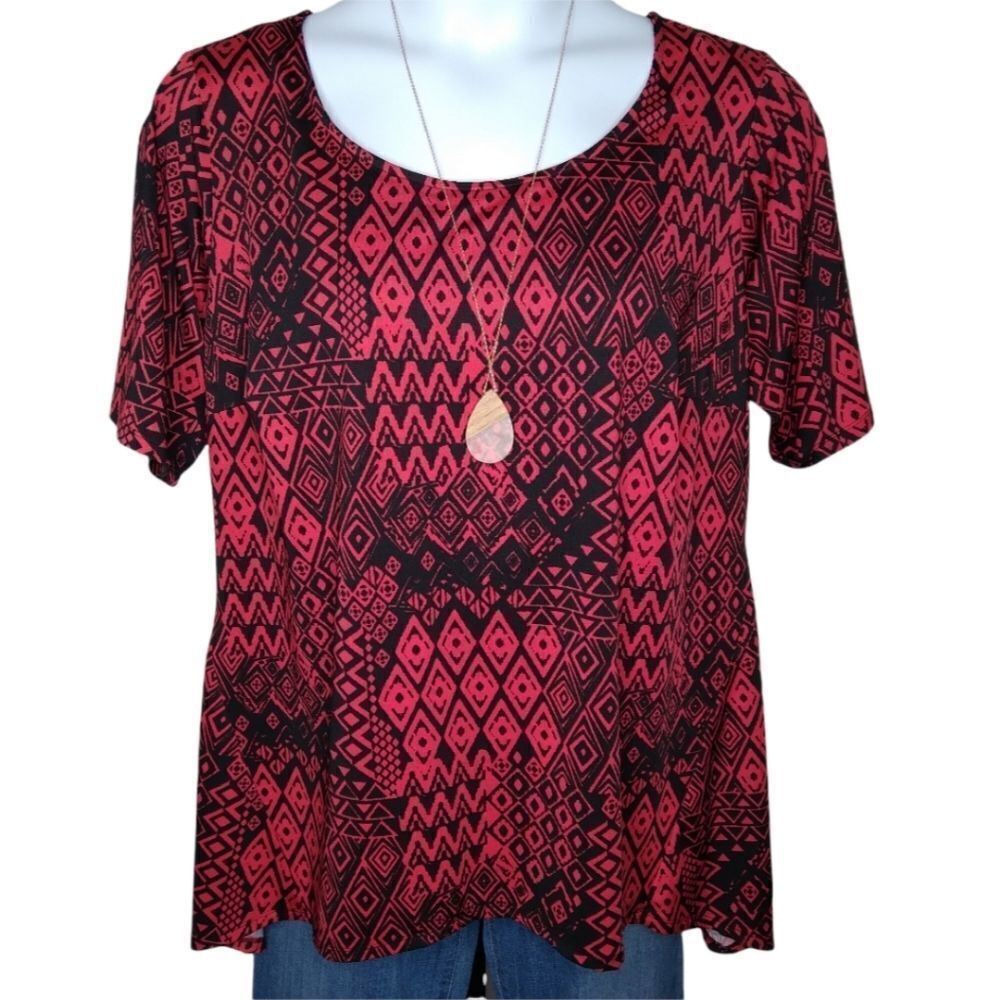 AGB Red/Blk Abstract Tunic Hanky Hem 1/2 Sleeve Size 1X